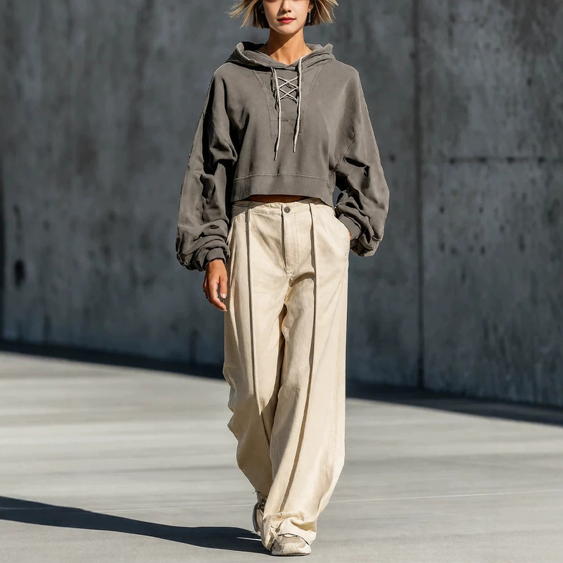 European and American cross-border women's lace-up short hoodie with oversized long sleeves and cream-colored front-seam wide-leg pants set