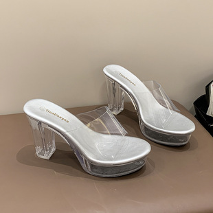 2024 Summer Fashion New Trendy Transparent Crystal Bottom Waterproof Platform Thick Heeled Pointed Super High Heeled Women's Casual Fashion