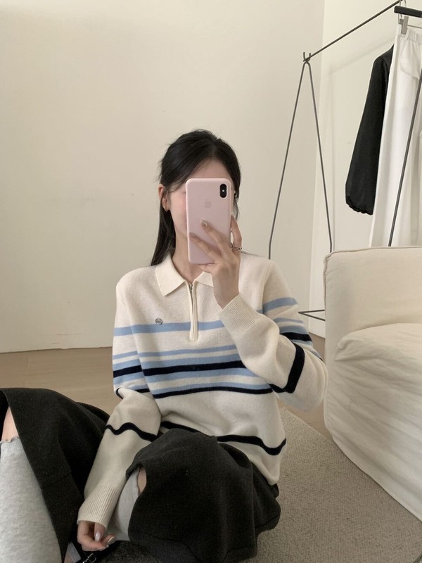 25秋冬季女款羊毛衫韩系百搭条纹色拉链小翻领100羊毛针织衫毛衣|undefined