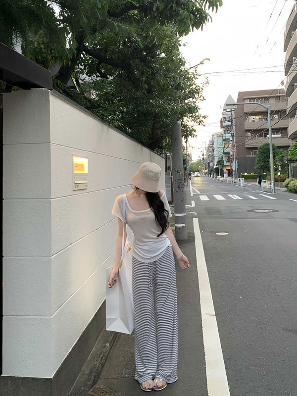 Baishuijiao ソフトシスターストライプカジュアルパンツ〜韓国新麻生地女性の夏の怠惰で多用途なストレートパンツ|undefined
