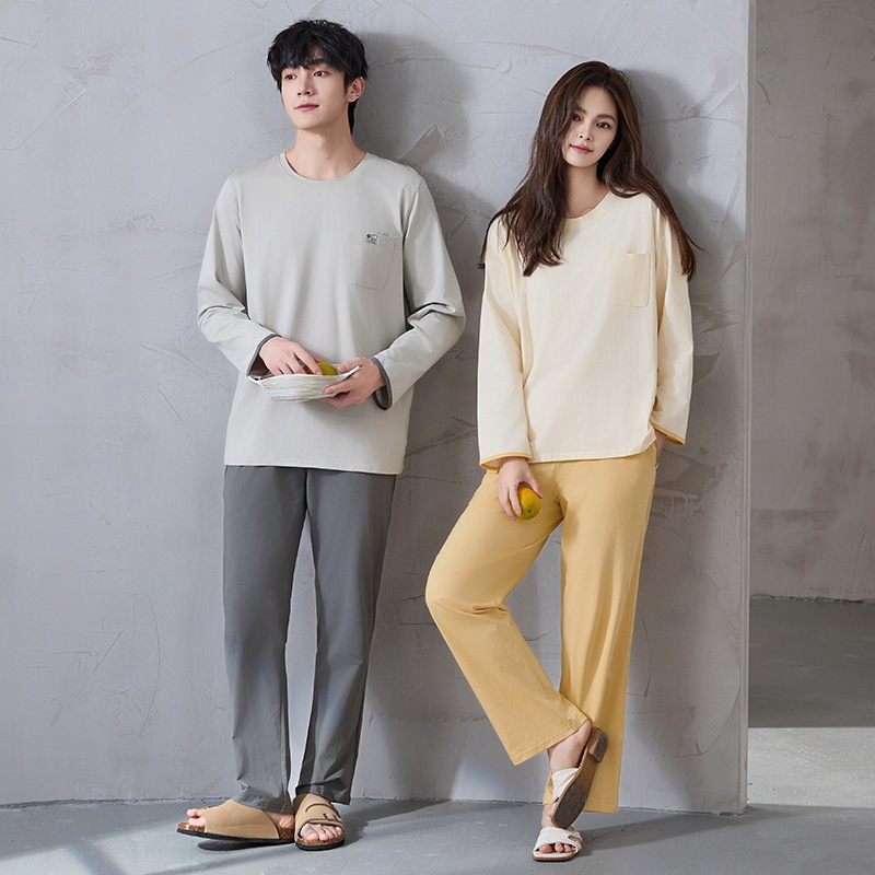 Pijamas de pareja de algodón primavera y otoño pantalones de mangas largas para hombres estriados ropa casera casual para mujeres primavera y otoño