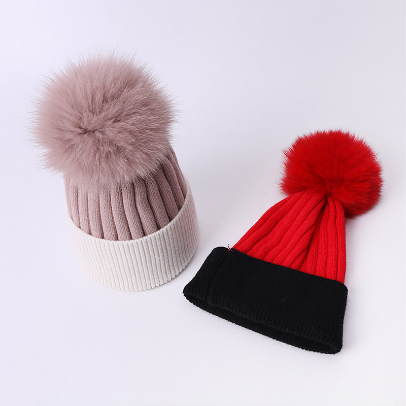 Chapeau chaud d'automne et d'hiver en forme de boule de renard, couleur unie, tricoté, pour adultes et enfants, mode parent-enfant_voghion.com