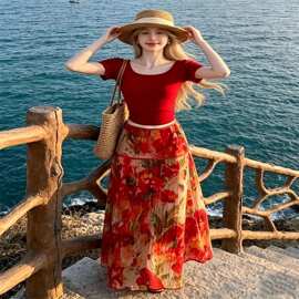 跨境外贸海边度假风油画A字半身裙女t恤两件套夏季中长裙修身套装