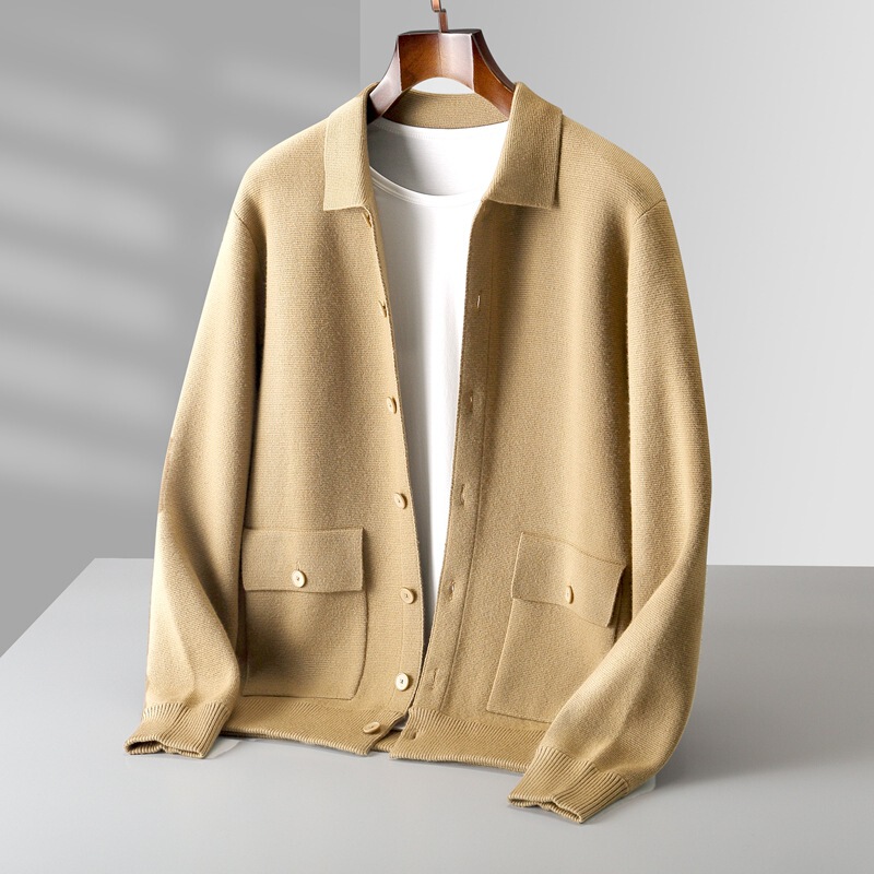 Men's lapel solid color wool cardigan autumn and winter retro pocket thick men's coat cashmere sweater POLO suit men