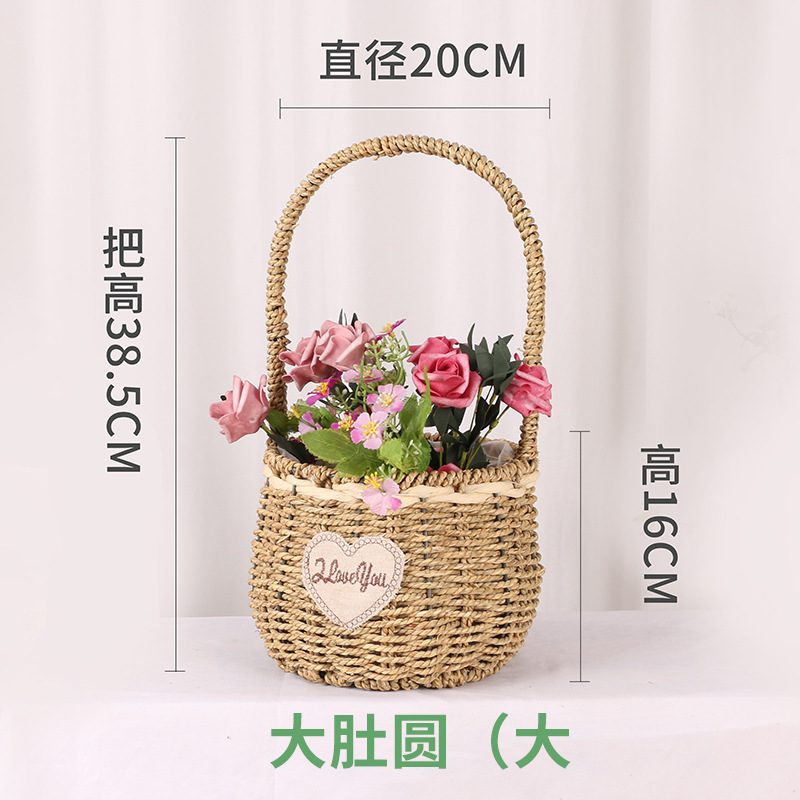 Cesta de Flores Tejida a Mano de Hierba Natural, Decorativa, para Arreglos Florales y Fiestas