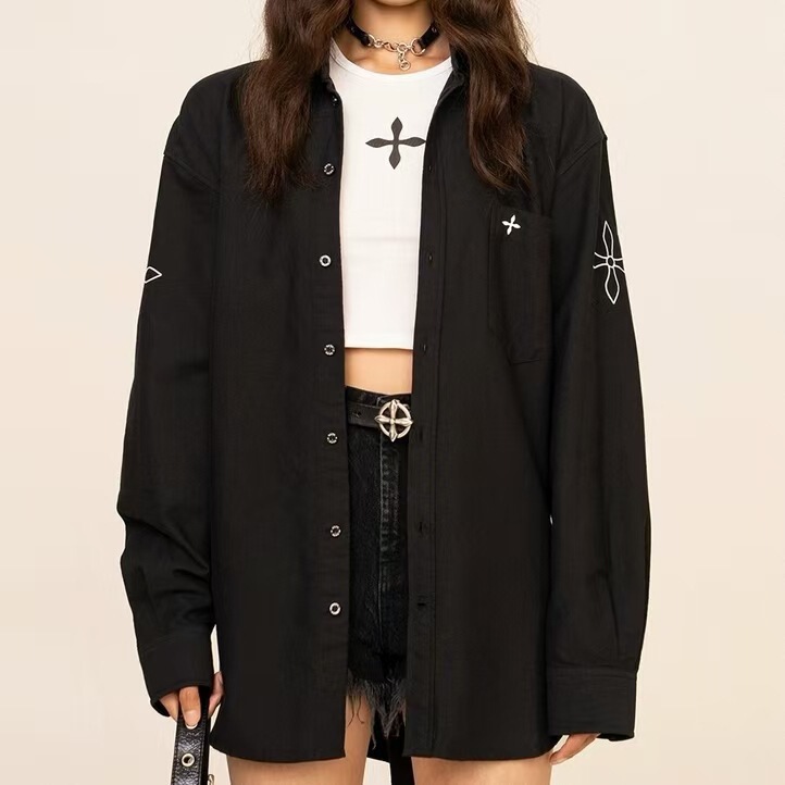 New Trendy Foreign Trade Cross-Classic Shirt Versatile Embroidered Solid Color Loose Minimalist Top Button Cardigan for Autumn