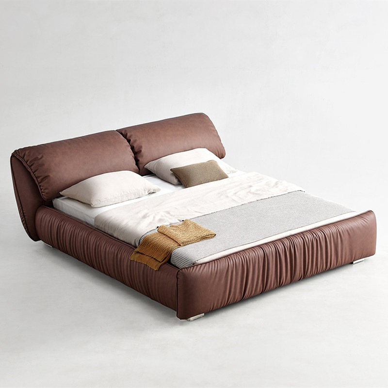 Elegant Minimalist Designer Bed with Real Elephant Ear Oil Wax Leather Fabric, Main Bedroom Double Wedding Bed 1.8m