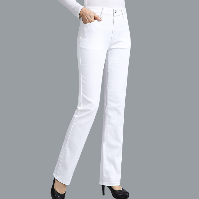 Summer Thin White Jeans for Women, Loose High-Waisted Elastic Soft Denim Large Size Straight Pants for Middle-Aged and Elderly Mothers