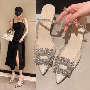 Pointed high-heeled fashion cross-border slippers women's summer new Korean-style rhinestone pearl beach shoes with trendy