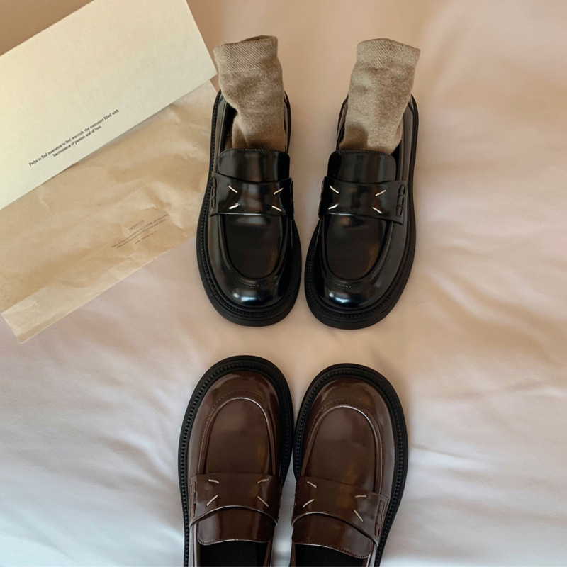 Uva mamá primavera nuevo británico retro punta redonda plataforma mocasines pequeños zapatos de cuero zapatos de una sola capa para las mujeres