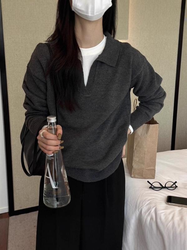 法式慵懒风POLO领时尚针织衫女秋冬新款高级感气质减龄打底衫毛衣|undefined