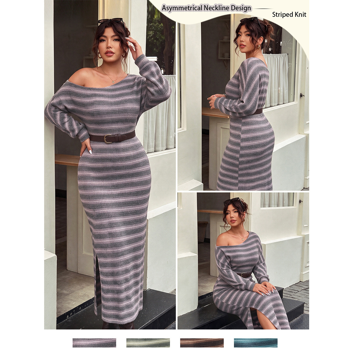 European and American plus-size casual style dress, striped off-shoulder knitted dress, slim-fit, slit, long woolen bodycon dress