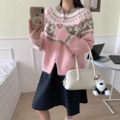 韩系甜美风蝴蝶结提花毛衣女秋冬季厚款软糯清新拉链针织开衫外套