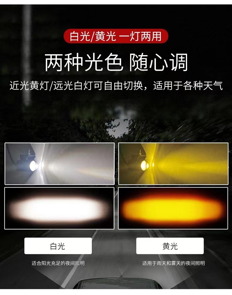 Cross-border hot-selling LED motorcycle electric tricycle spotlight, dual-color yellow-white front light, modified 9-85V