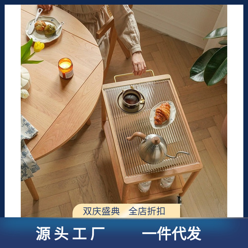Nordic solid wood sofa side table, small apartment living room cherry wood glass tea table, Japanese style movable small cart with wheels