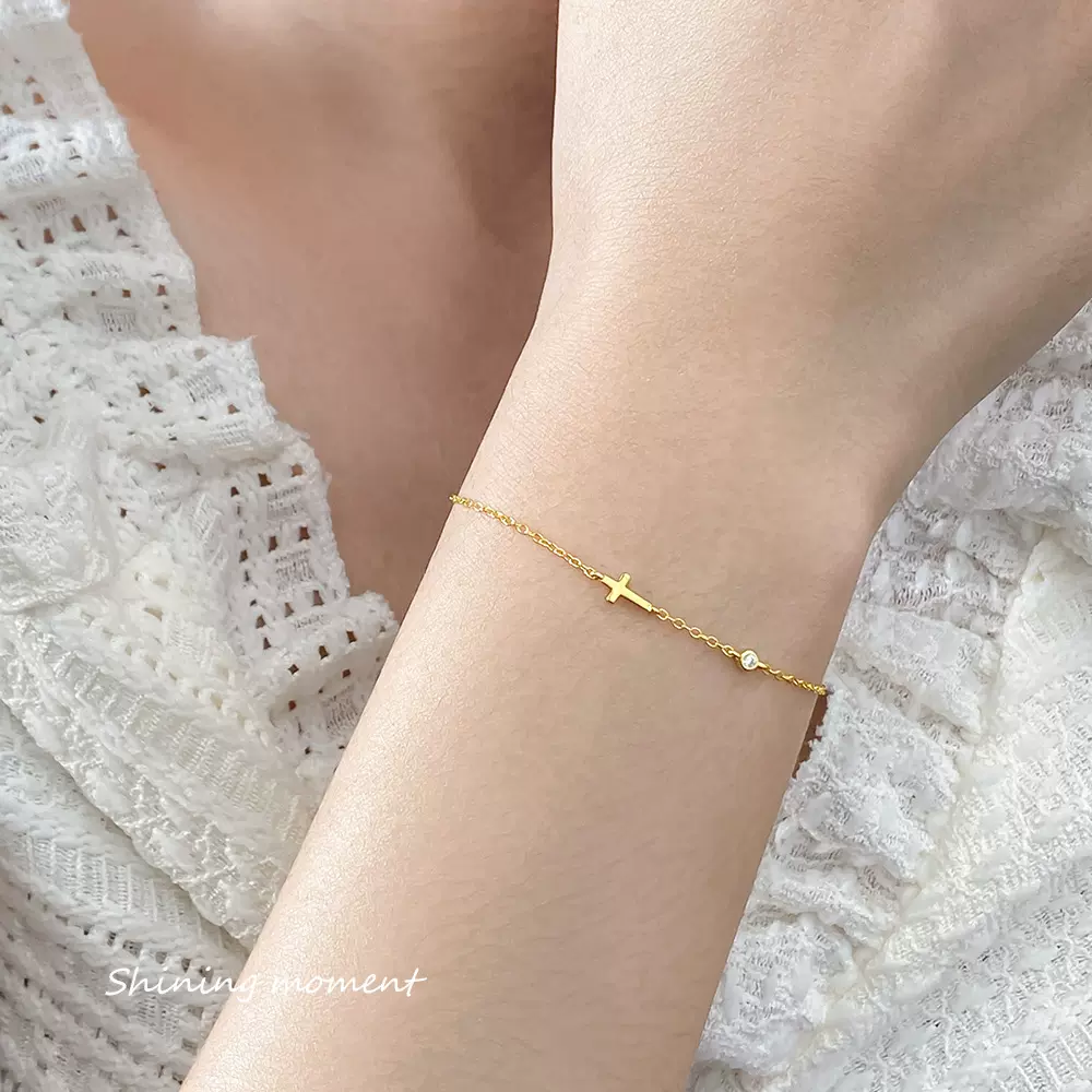 纳兰 S925银清新甜美ins小众设计感精致简约单钻十字手链S7529