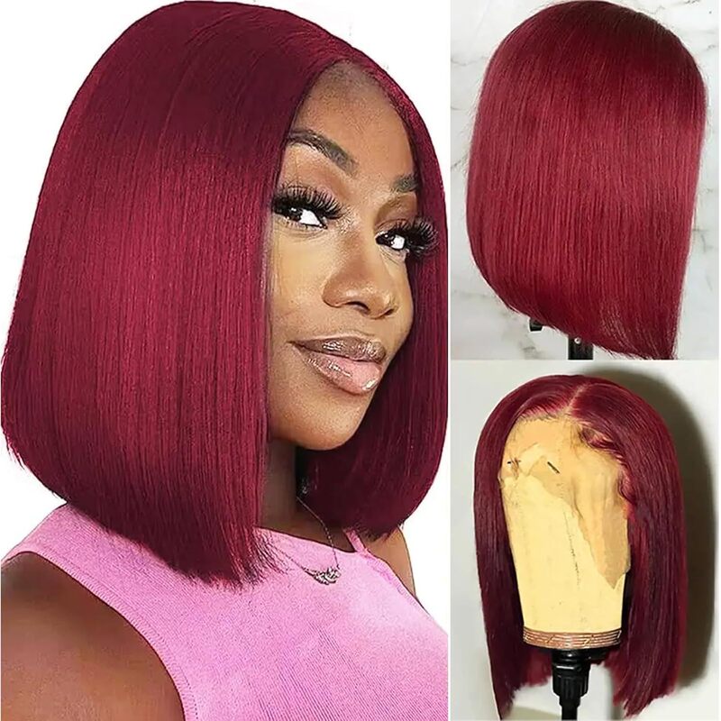 Real Hair Wig 13*4 Bob 99J Bob Wig Real Hair Lace Wig Burgundy Factory In-Stock