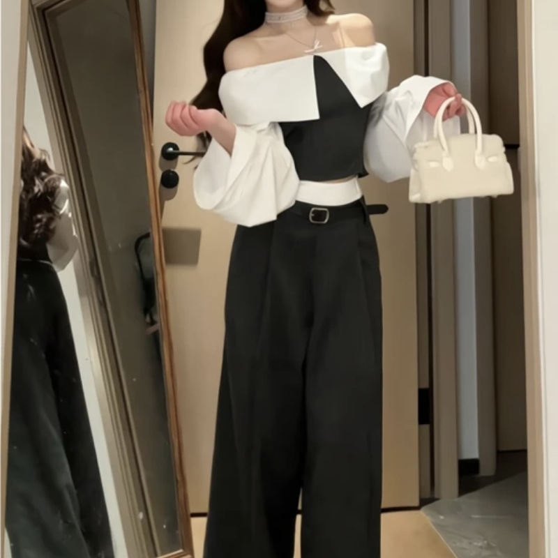 露肩一字肩设计感衬衫女春季小个子长袖修身显瘦上衣长裤套装