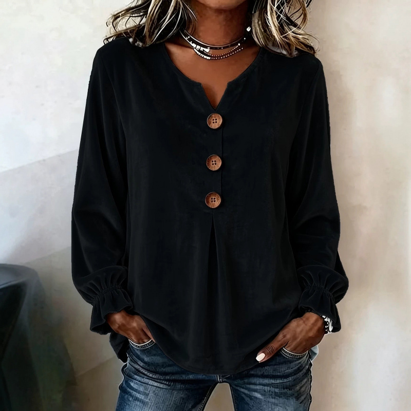 2026 European and American Women's Clothing Cross-Border Amazon Independent Site New Velvet Long-Sleeve Top Shirt Fashion V-Neck Buttoned