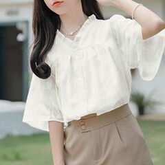 夏季新款法式v领短袖雪纺衫宽松显瘦小个子百搭荷叶边小众上衣女