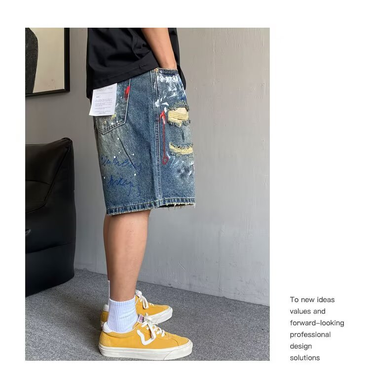 Hand Painted Graffiti Print Ripped Denim Shorts American Style High Waist Loose Fit Five Point Summer Fashion Kpop Casual Jeans_viptrois.com