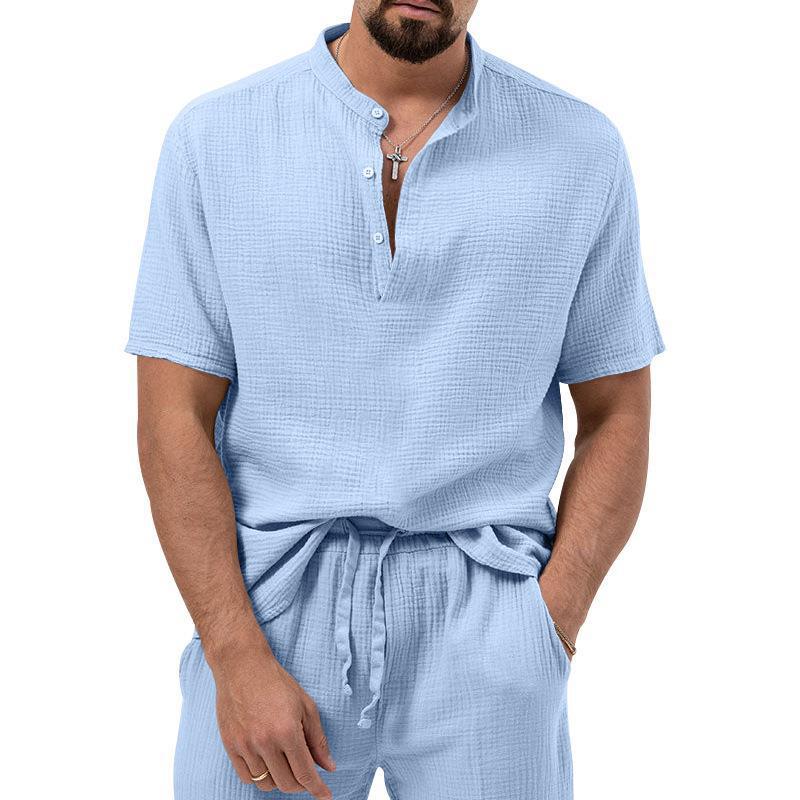 Men's Casual 3-Piece Outfit, Short Sleeve T-Shirt & Shirt With Trousers, Solid Color Summer Lounge Set_viptrois.com