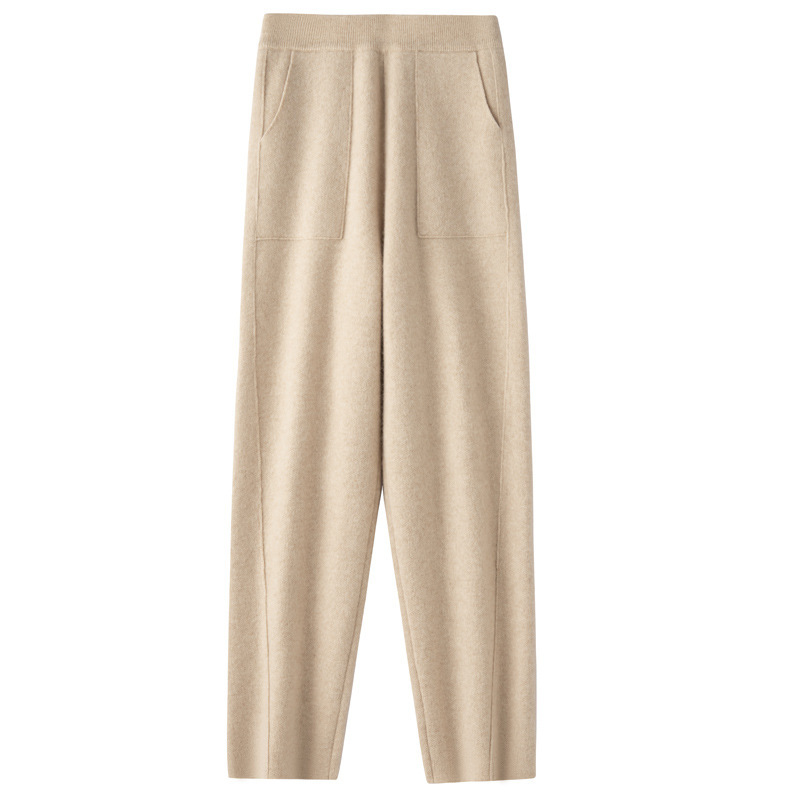 2025 New Style 100% Pure Australian Wool Thickened Twisted Edge Double Pocket Granny Pants Knitted Casual Elastic Waist Slim Pants for Women