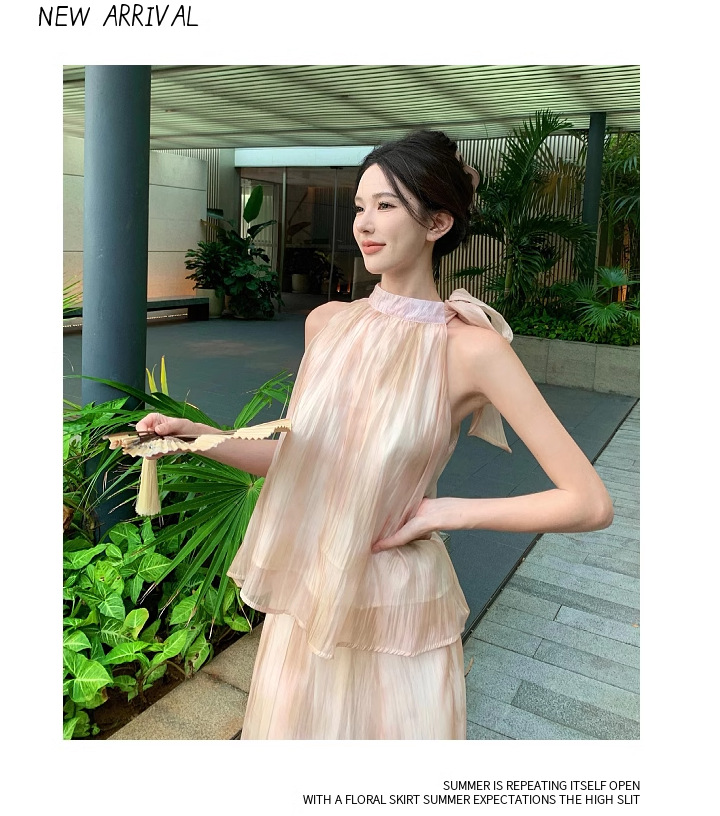 【中國直郵】 奢笛熊 新中式國風復古紮染油畫掛脖上衣 夏季高腰寬鬆半身裙 兩件套裝 M碼