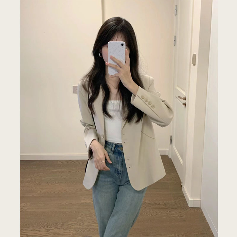 跨境浅卡其休闲西装外套女春季新款2025小个子短款气质感百搭西服|undefined