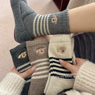 小狗乐园"提花卡通条纹羊毛袜子女中筒袜秋冬加厚保暖百搭堆堆袜i