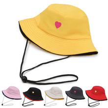 户外遮阳帽女韩版洋气渔夫帽刺绣爱心盆帽可拆卸防风绳逛街旅游帽