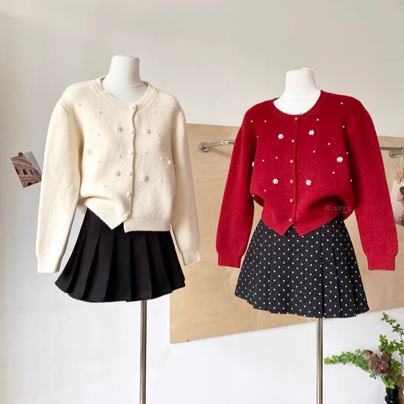 Korean-Style Three-Dimensional Heavy Beading Floral Sweater Coat, New Autumn and Winter Sweet Youthful Round-Neck Versatile Knit Cardigan