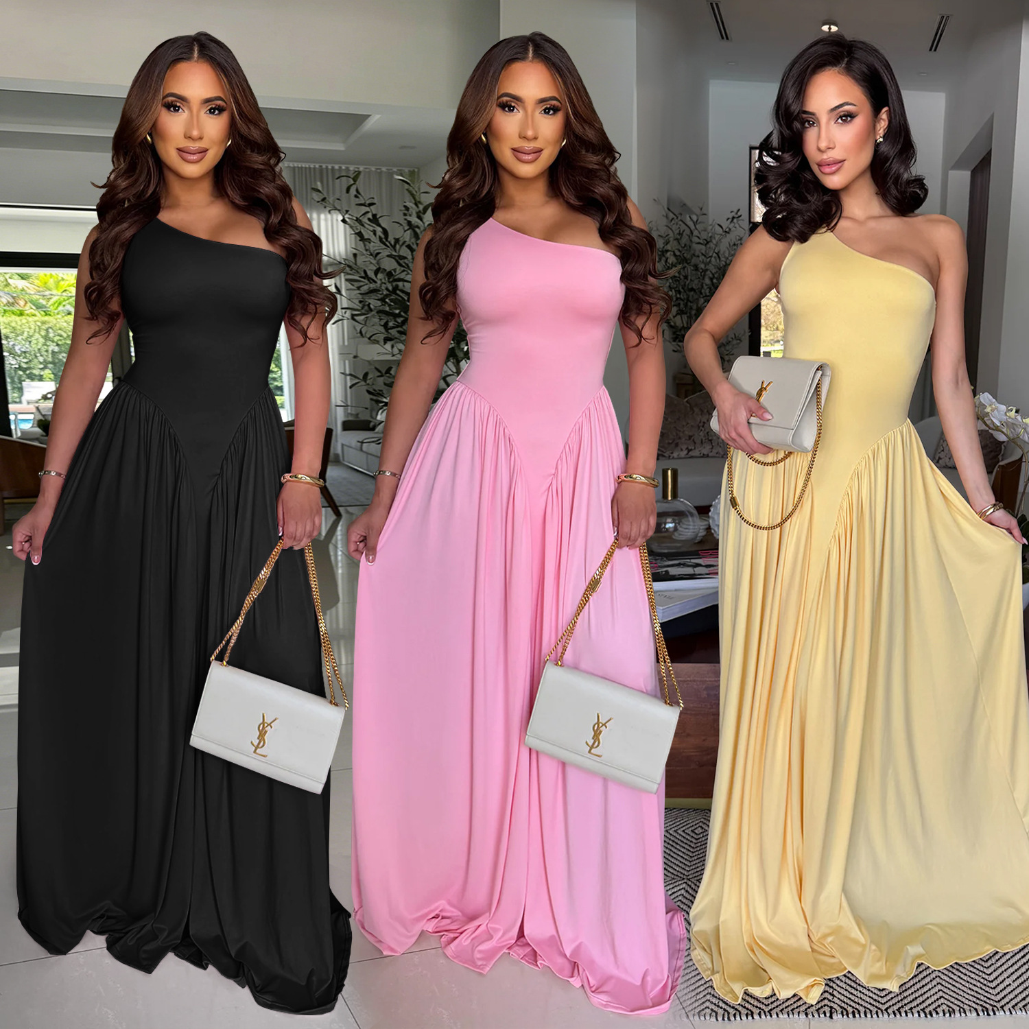 C7680 Aliexpress transfronterizo Amazon Europa y América moda de mujer temperamento cintura reducida espalda delgada vestido de hombros inclinados