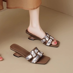 Tweed Style Fashionable and Exquisite High-End Sandals 2025 Summer New Wedge Heel Retro Half Slippers for Women to Wear Outside
