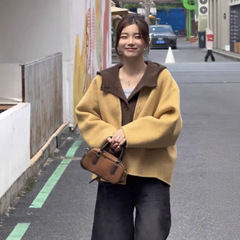 秋冬新款双面羊毛大衣女连帽背心两件套阔版明线短款韩系毛呢外套