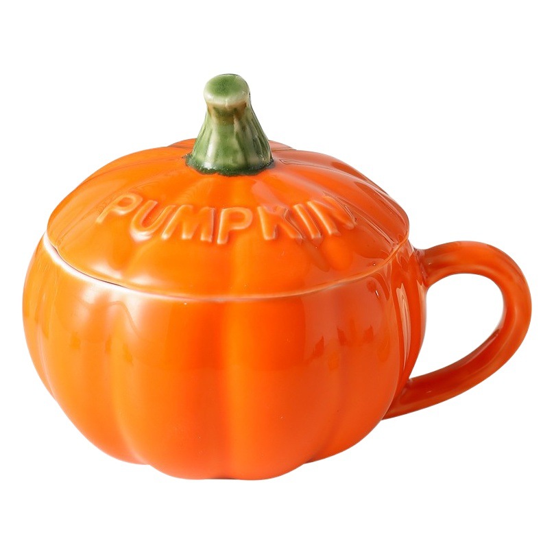 Taza de cerámica con forma de calabaza, manzana y tomate para Nochebuena, con tapa y cuchara, taza de cerámica para el hogar