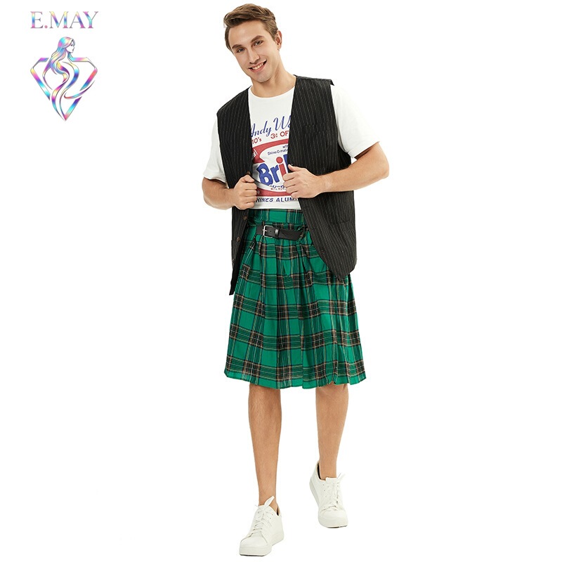 Halloween New Men's Scottish Holiday Skirt Men's Plaid Pleated Skirt Plaid Skirt Suit Dress Generation Hair