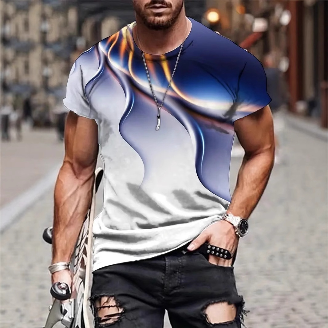 Moda metal colorido halo impresión 3D hombre calle suelta transpirable manga corta cuello redondo camiseta en stock