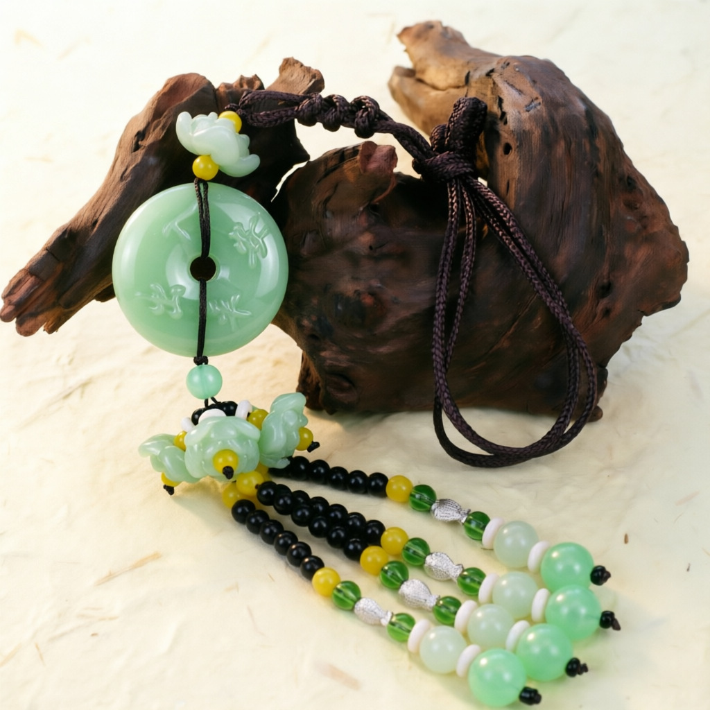 Double-Sided Light Green Jade Pendant with Safe Journey Symbol, Gourd, Pixiu, Guanyin, Maitreya Buddha, and Lotus Design for Car Decoration
