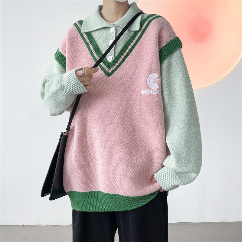 BF Lazy Style American Style Retro Polo Shirt Men's Autumn and Winter Japanese Style V-Neck Knitted Shirt Couple's Contrast Ware Sweater