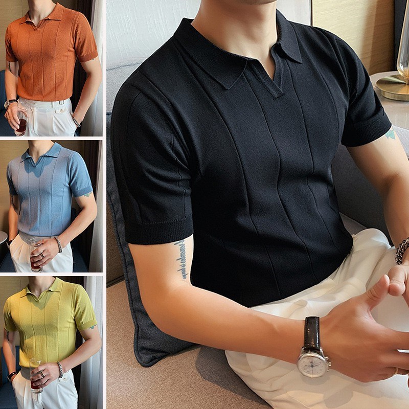 Polo Shirt Men's Fashionable Brand Summer Led T-shirt Men's Short-sleeved Japanese Style Ruffian Handsome Solid Color All-match Knitted Top