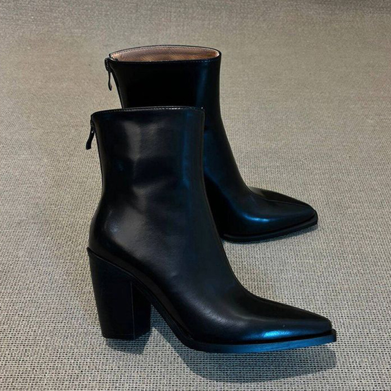 2025秋冬 レトロ ハイヒール 太ヒール 欧米風 ポインテッドトゥ チェルシーブーツ レディース ワイプカラー ショートブーツ バックジッパー スリムブーツ