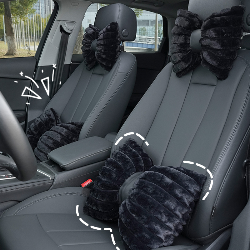 Winter Black Rabbit Fur Car Headrest,Plush And Comfortable Car Lumbar Neck Pillow,All-season Car Cushion