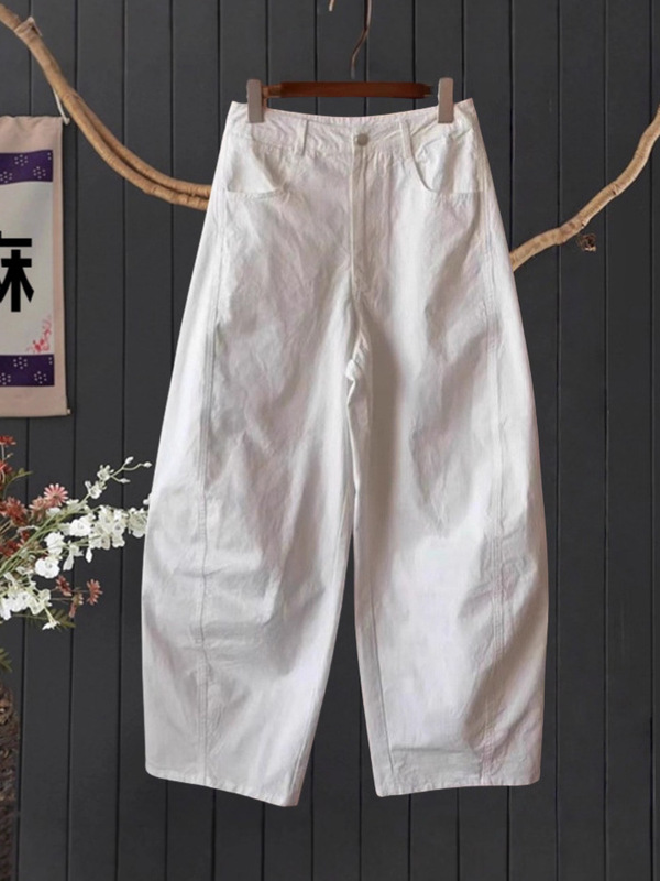 日系简约设计感纯色镰刀裤女夏季新款高腰宽松显瘦百搭纯棉休闲裤|undefined