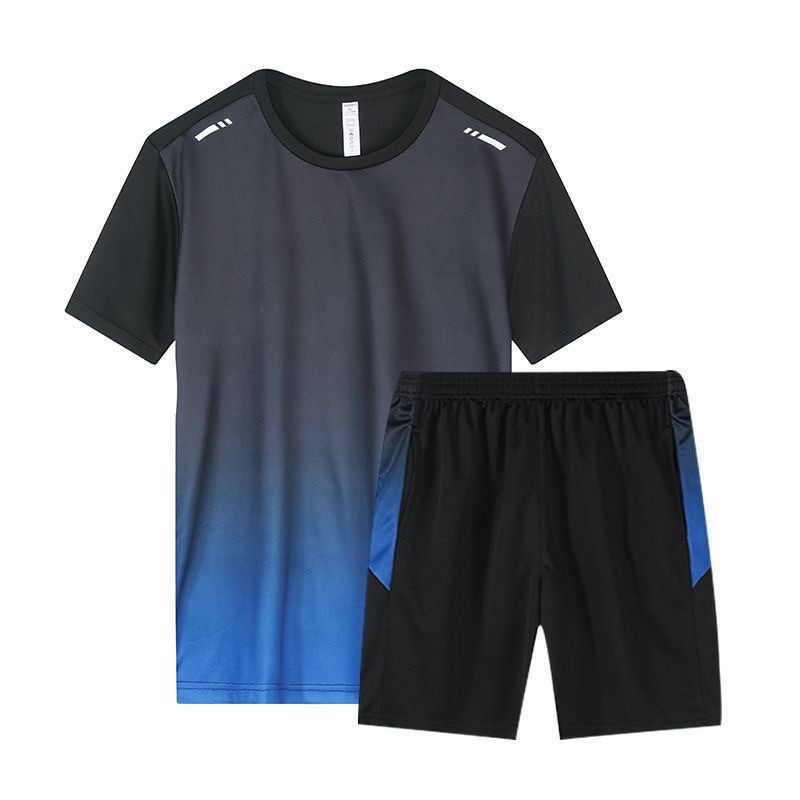 Verano nuevo estilo de seda de hielo pantalones cortos de secado rápido traje deportivo para correr fitness masculino de dos piezas degradado teñido de manga corta camiseta