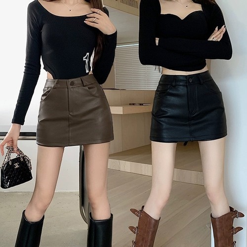 Carmine PU Skirt, Half-length Skirt for Women, Autumn/Winter High-waisted Skirt, Slimming and Body-con, Sexy Shorts Skirt, Anti-slip