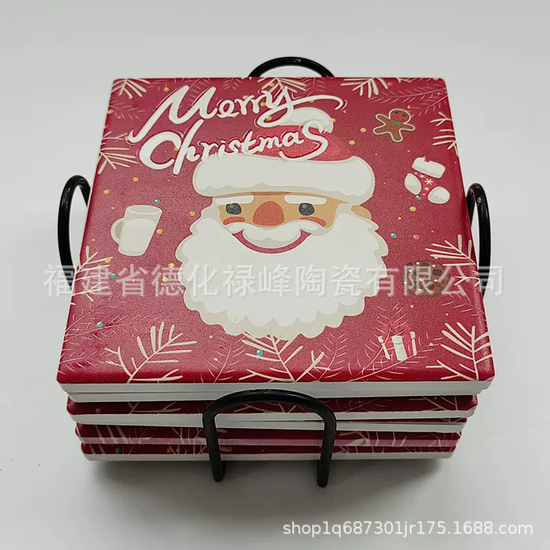 跨境出口圣诞节喜庆陶瓷杯垫方形软木防滑垫装饰品礼物批发定制