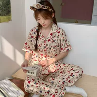 Весенний и летний мультяшный яблоко Китти с короткими рукавами брюки хлопчатобумажная хлопчатобумажная пряжа пижама набор милой домашней одежды можно носить на улице