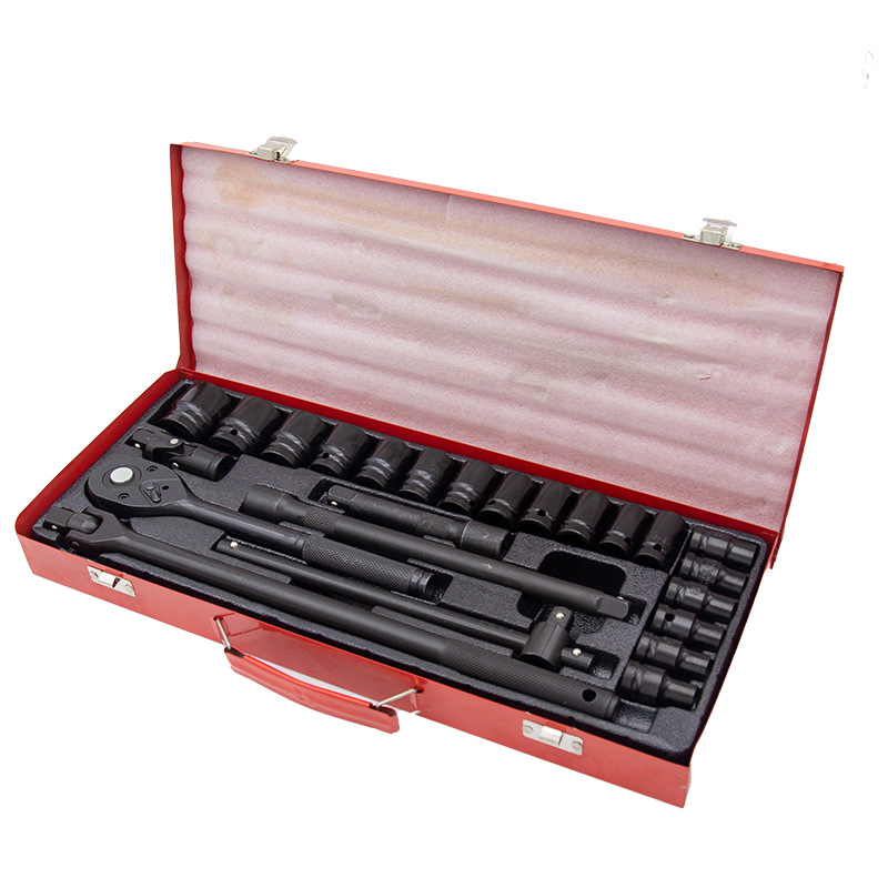 24件套汽车维修工具 黑磷化F杆黑红铁盒组合套装棘轮扳手套筒跨境