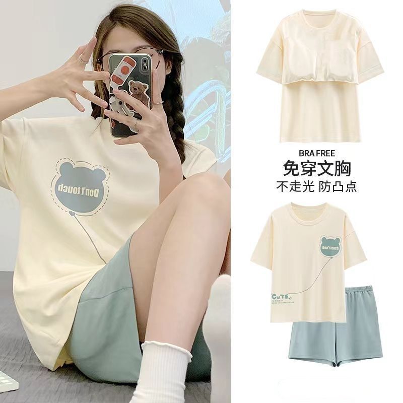 With Chest Pad Pajamas Women Summer Short Sleeve Shorts Plus Size Loose Casual Student Girl Homewear Set